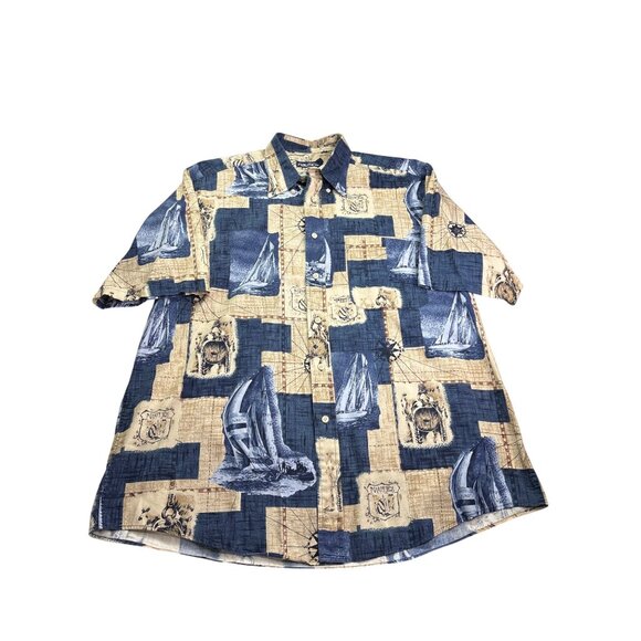 Nautica Mens Short Sleeve Button Front Shirt Sailing Maps Print Size L - Picture 1 of 7